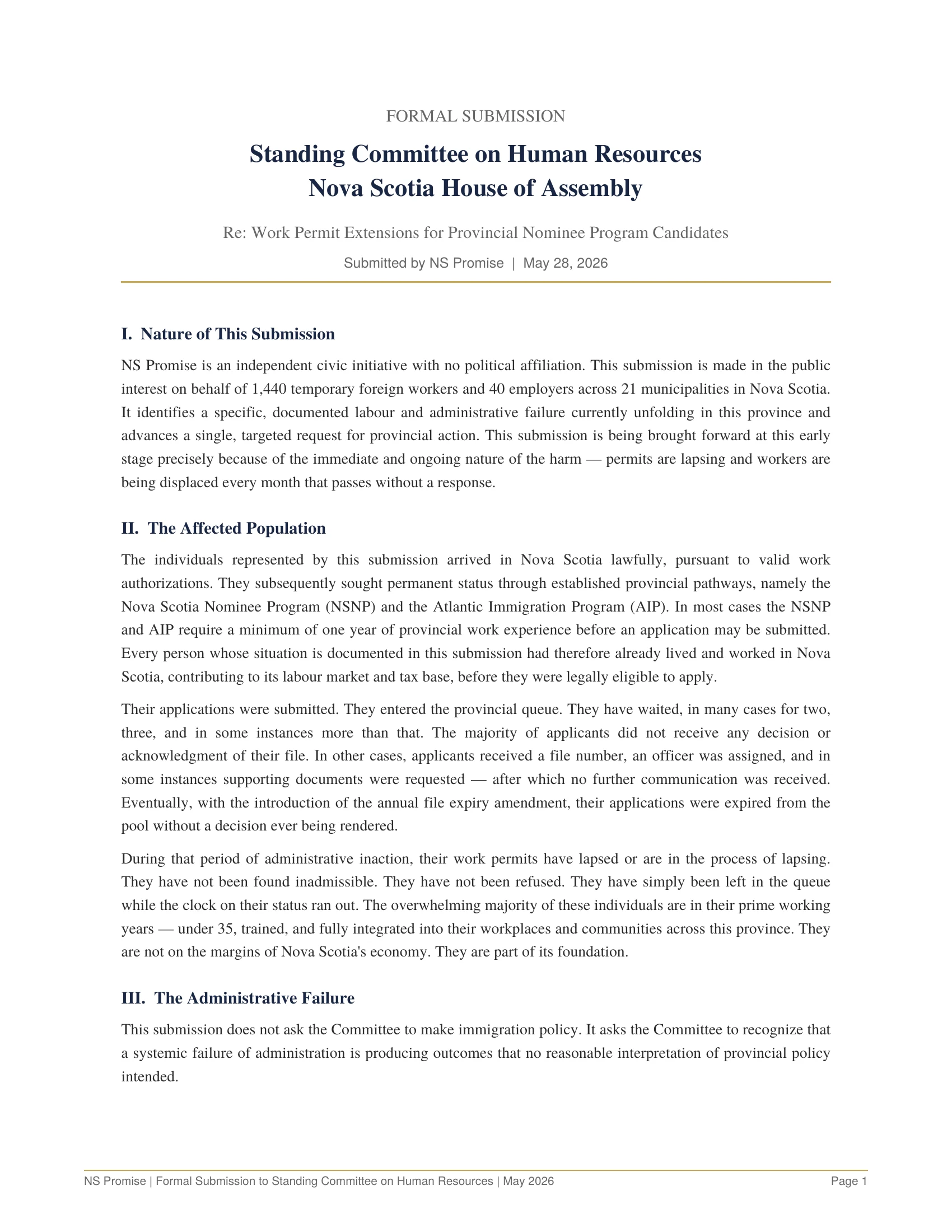 NS Promise Formal Submission to the Standing Committee on Human Resources, page 1 of 4
