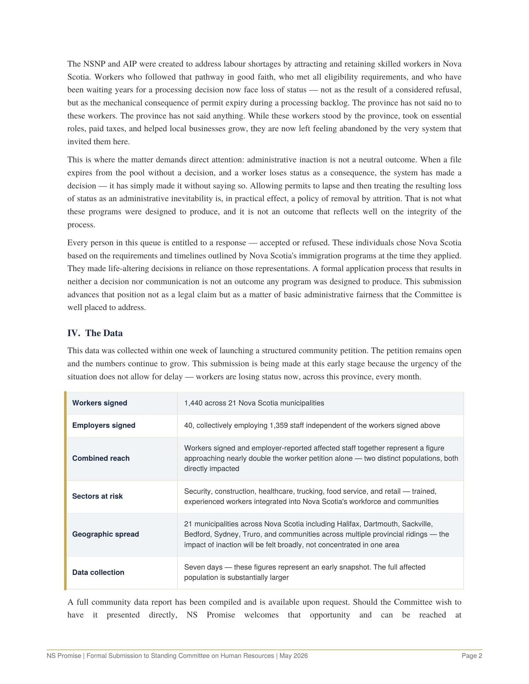 NS Promise Formal Submission to the Standing Committee on Human Resources, page 2 of 4