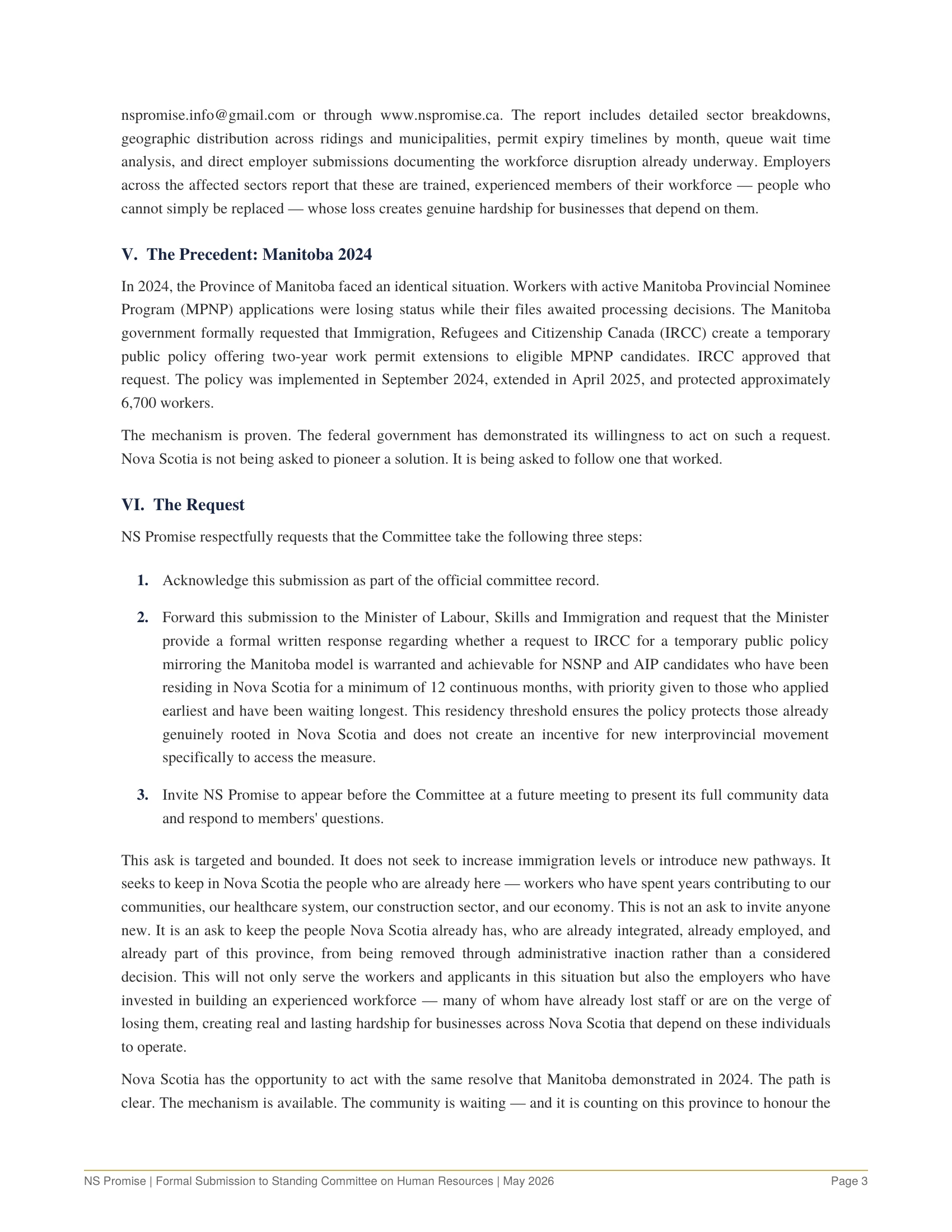 NS Promise Formal Submission to the Standing Committee on Human Resources, page 3 of 4