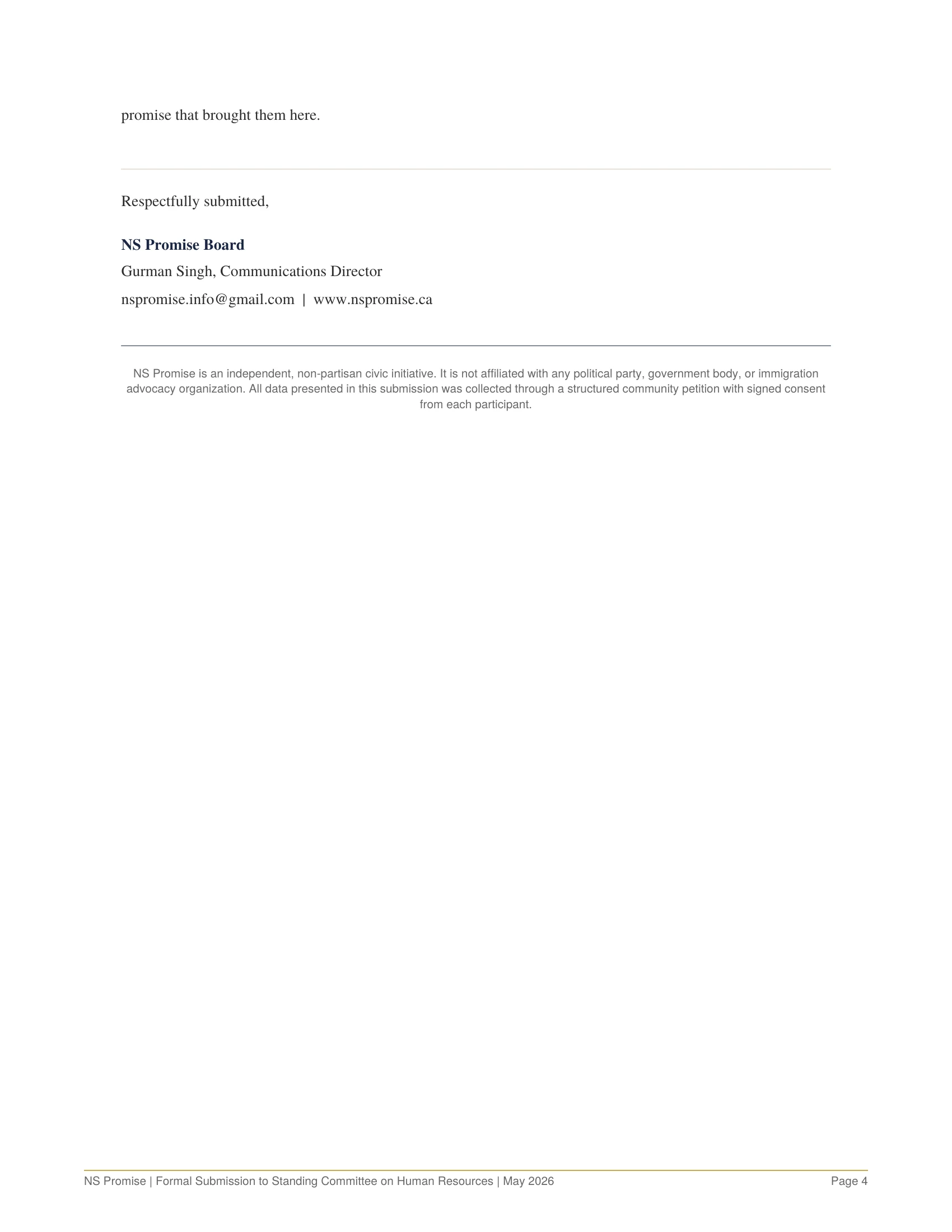 NS Promise Formal Submission to the Standing Committee on Human Resources, page 4 of 4